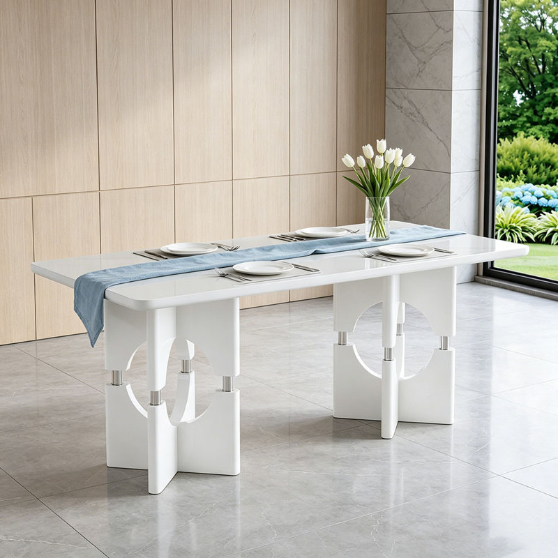 Table de salle à manger moderne en bois aggloméré avec motif en marbre blanc, structure creuse en métal élégante, convient aux tables de salle à manger compactes dans les petits espaces