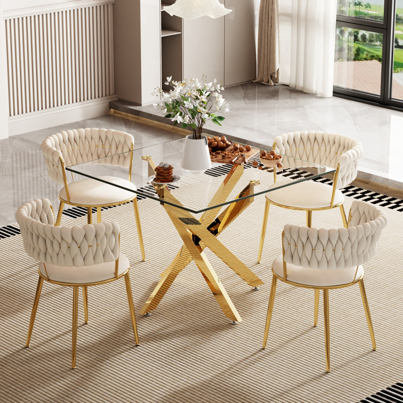 Ensemble de table de salle à manger transparent avec chaises rembourrées Weavon, ensemble de table de salle à manger carré moderne