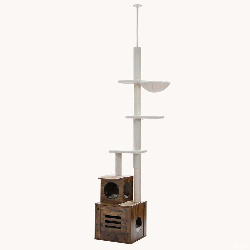 Adjustable Hright 6-Tiers Floor To Ceiling Cat Tree With Litter Box, Brown