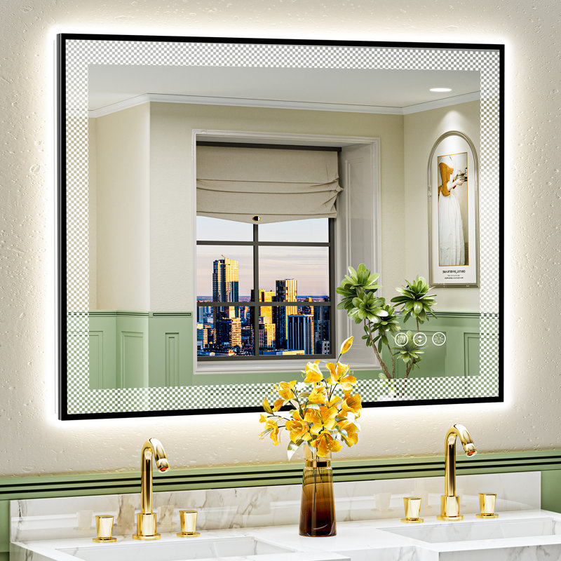 Black Framed LED Bathroom Mirror with Frontlit and Backlit, Lighted Vanity Mirror for Wall, Double Lighting 3 Colors Dimmable, Anti-Fog, Tempered Glass Shatter-Proof (Horizontal/Vertical)