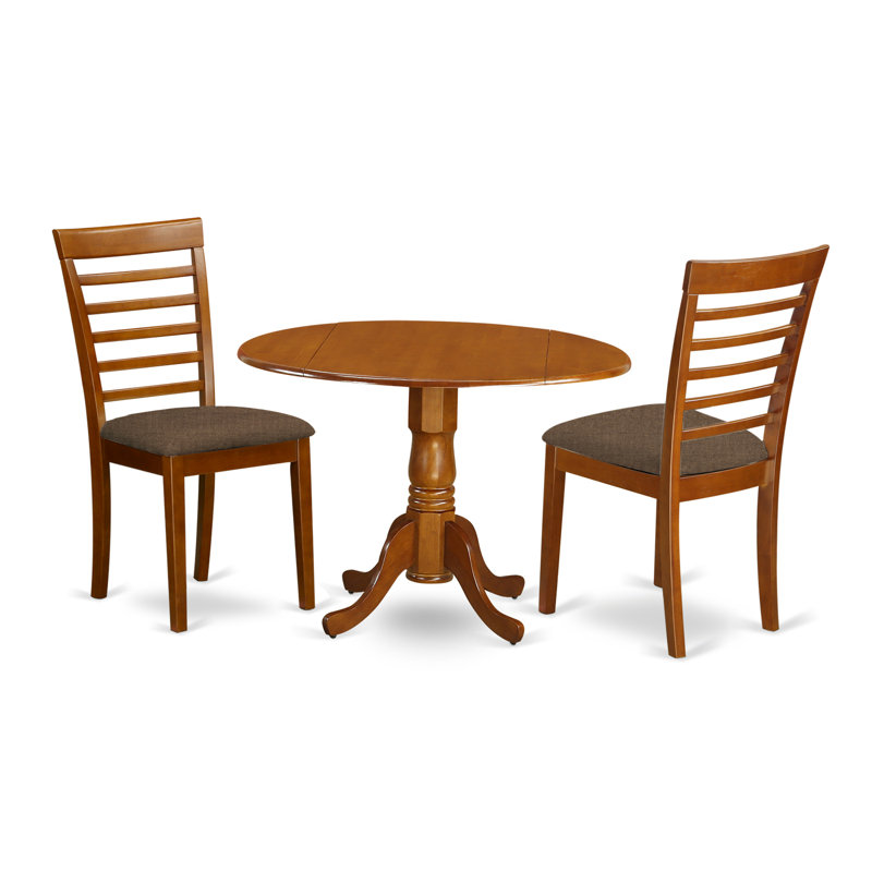 3 Piece Dining Set Contains a Round Dining Room Table with Dropleaf and 2 Linen Fabric Upholstered Kitchen Chairs, 42x42 Inch, Saddle Brown