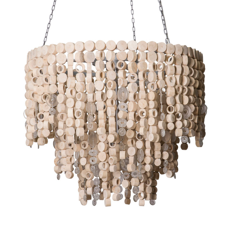 Round Wood Disk Chandelier w/ Recycled Glass Disks, Natural