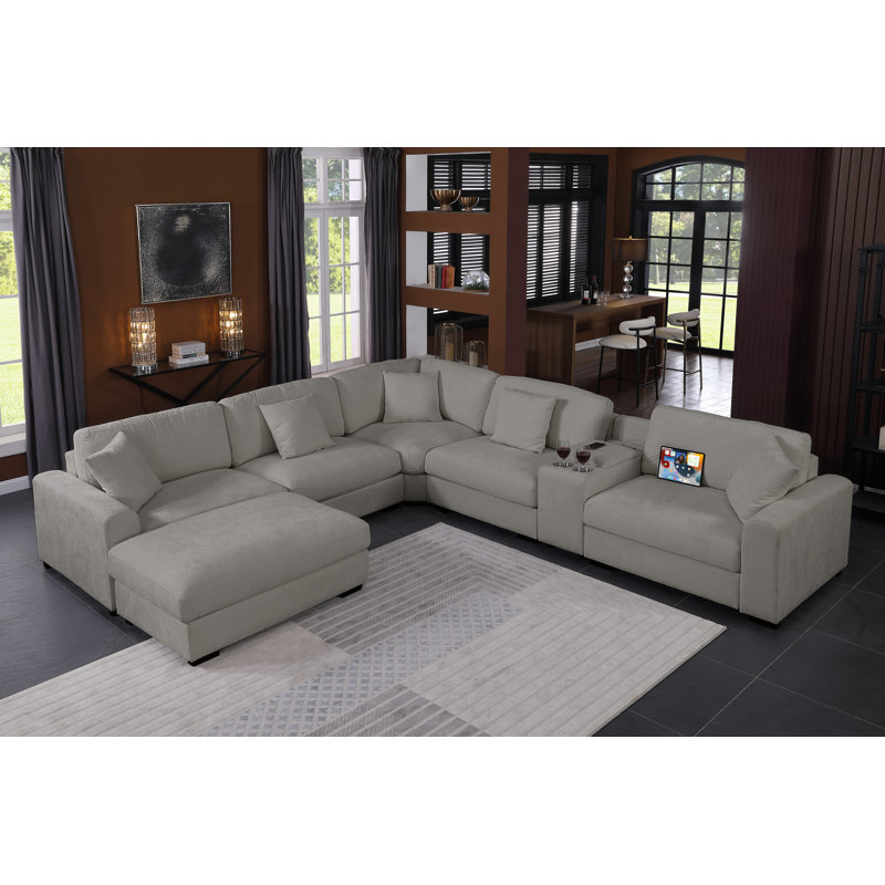 Modern Upholstered Cloud Modular Corner Sectional Sofa With Consoles, Light Gray Chenille, 36" H x 137.5" W x 124" D