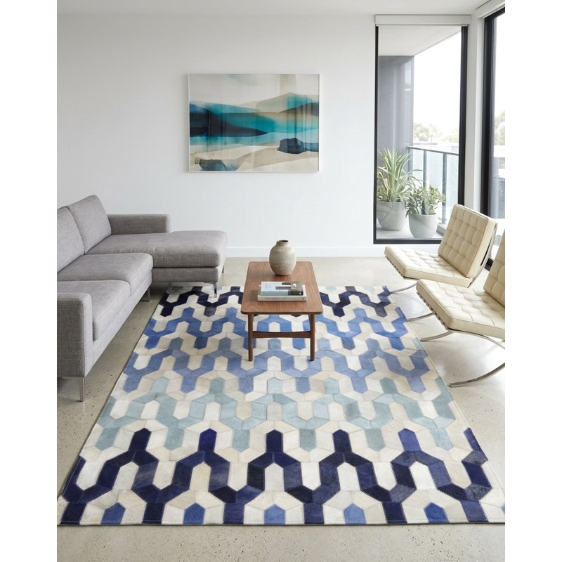 Tapis Abani HID460A Bleu Ivoire Ombre Chevron Treillis Patchwork Yocelyne, 8 pi x 10 pi