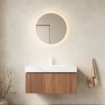 Meuble-lavabo de 36 po avec comptoir en pierre frittée blanche, lavabo en céramique, tiroir et porte, foyer - avec glissières à fermeture en douceur