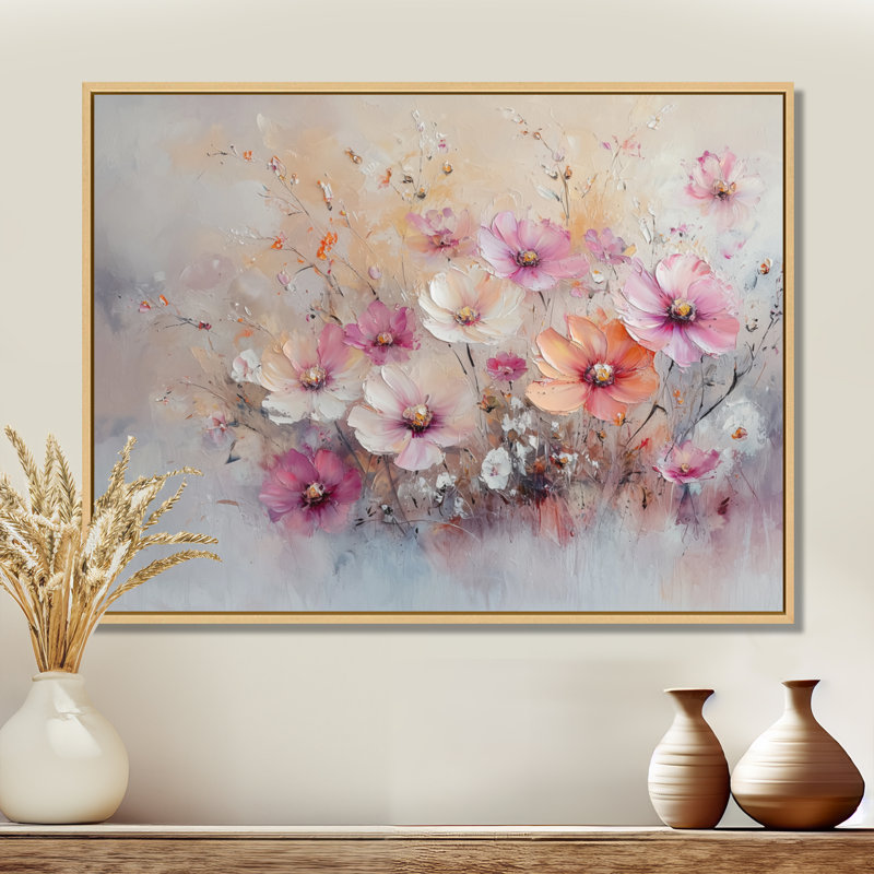 «Ingiberg Sunset» aux couleurs roses pastel, fleurs sauvages, H 12 po x l 20 po, Impression encadrée flottante, Crème