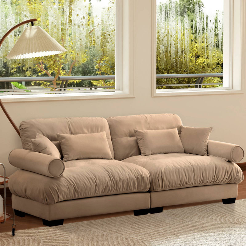 93.7" Velvet Upholstered Sofa, Tan