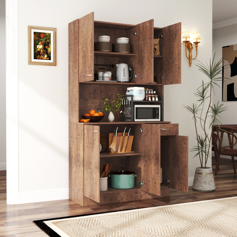 Grand garde-manger moderne avec 6 portes, 1 tablette ouverte et 1 tiroir pour la chambre à coucher, Noyer