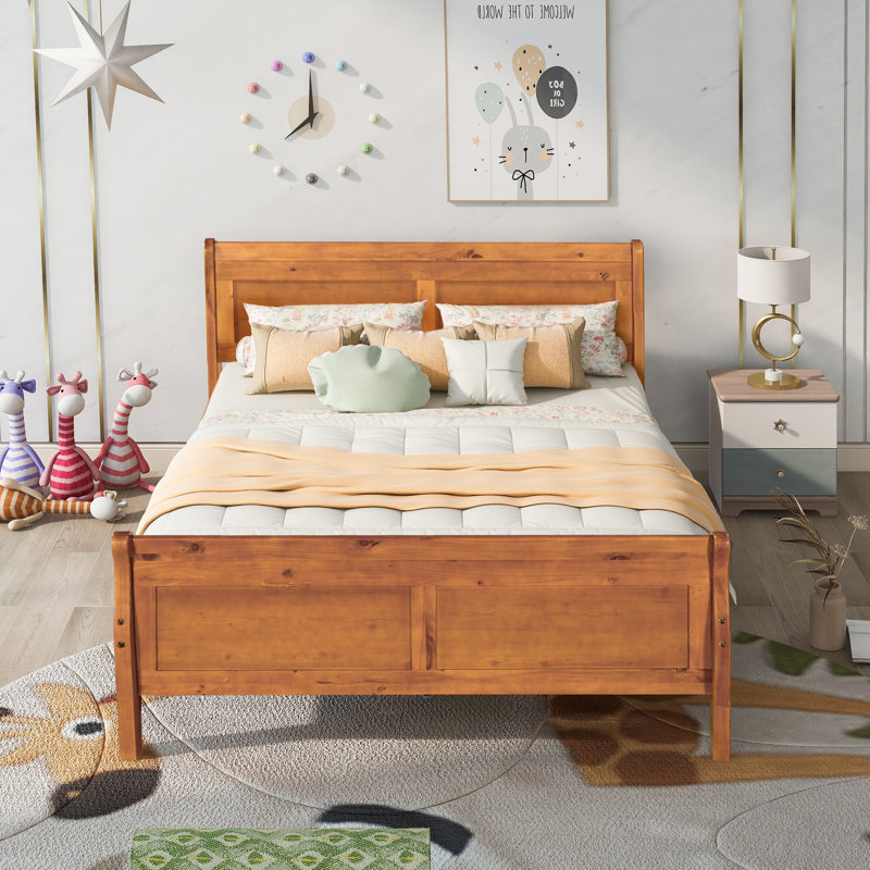 Lit plateforme double en bois avec tête de lit et lattes de bois, Lit double, Chêne