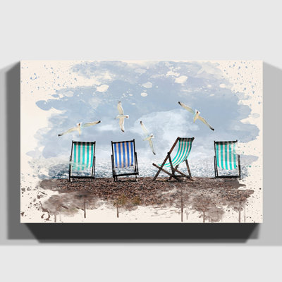 Seascape Deckchairs Brighton Beach Seagulls Painting on Canvas - Wrapped Canvas