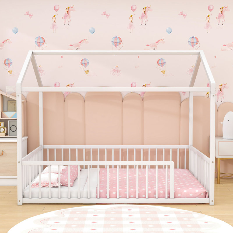 Metal Floor Bed With Safety Fence, Full, White