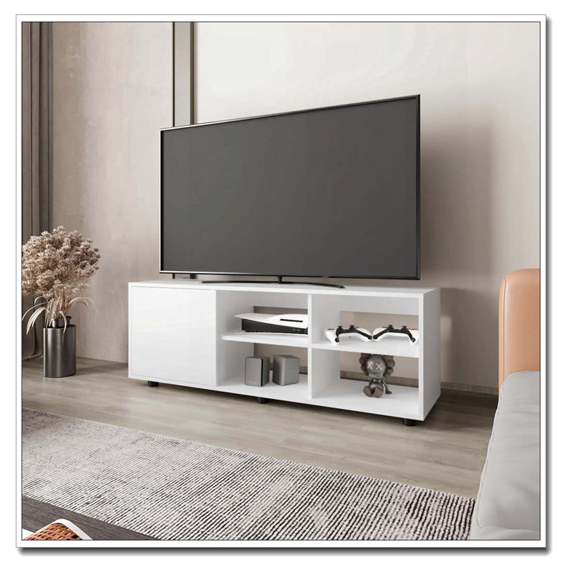 Meuble télé blanc avec porte et rangement ouvert, Blanc