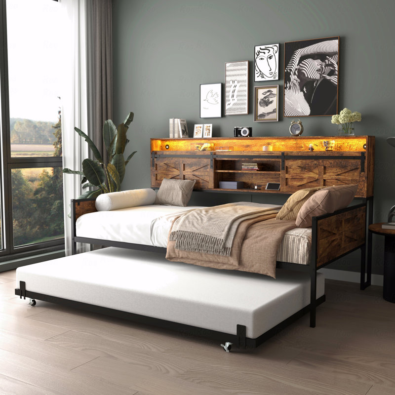 Twin Trundle Daybed, Farmhouse Daybed Frame With Sliding Barn Door Headboard And Charging Station And LED Light For Bedroom And Guest Room