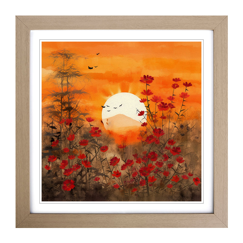 Japanese Sunset Floral No.1 - Single Picture Frame Print, Oak