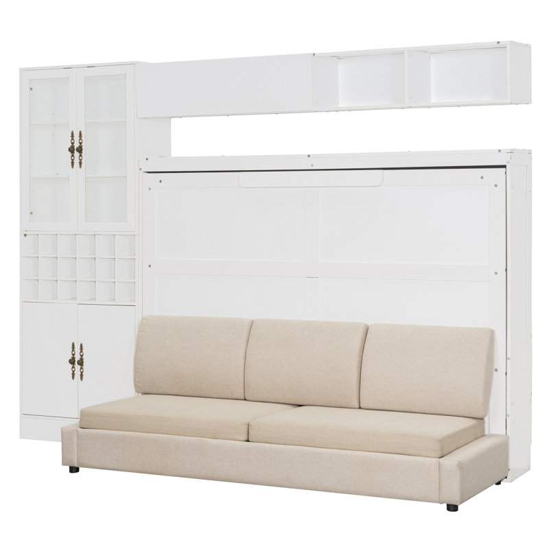 Full Size Murphy Bed Wall Bed with Sofa , Shelves USB & Light ,White