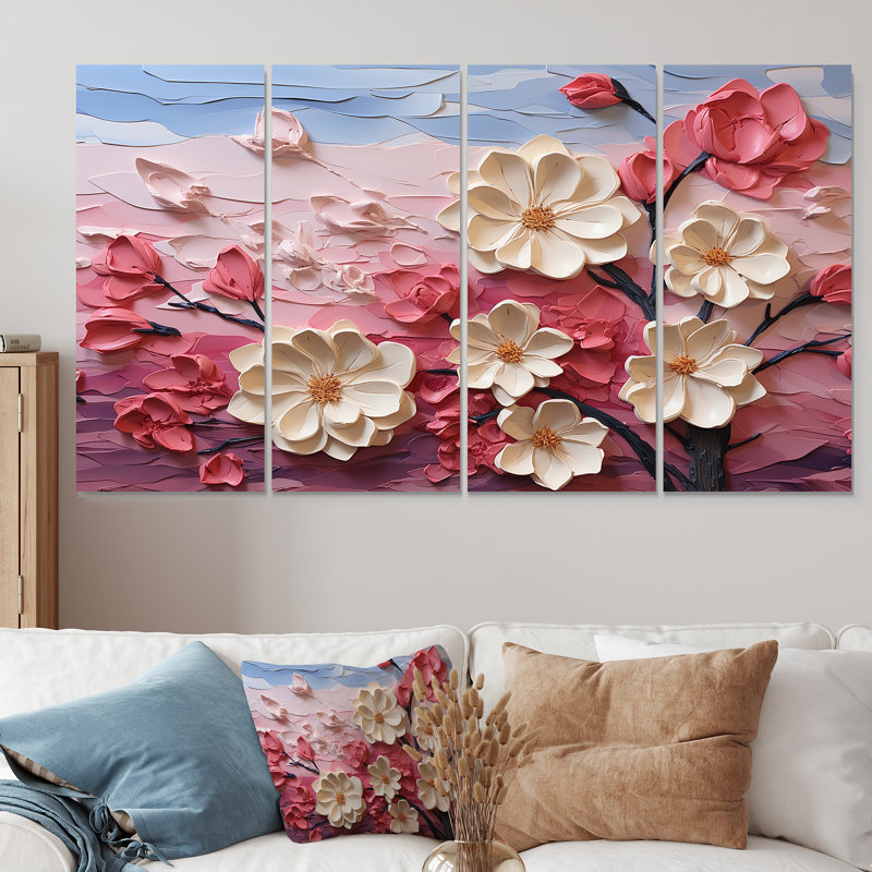 «Rose and White Orchid Branches Tree III», art floral abstrait sur toile 4 pièces, H 28 po x l 48 po