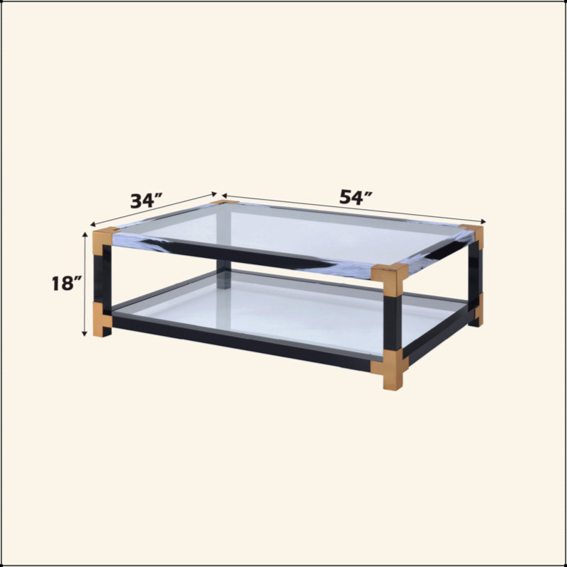Table basse moderne en verre trempé avec tablette de rangement inférieure et pieds en métal pour le salon