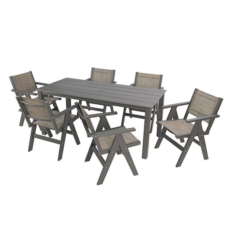 A Wooden-Textured Imitation Wood Dining Table, Simple Yet With A High Quality Feel. It Has A Small Tabletop And Is For Outdoor Picnics. Charcoal Gray, 68.9 Inches.