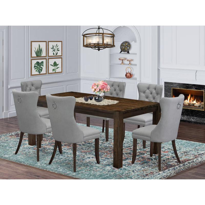 7 Piece Dining Table Set Includes a Rectangle Rustic Wood Kitchen Table and 6 Chairs, Distressed Jacobean