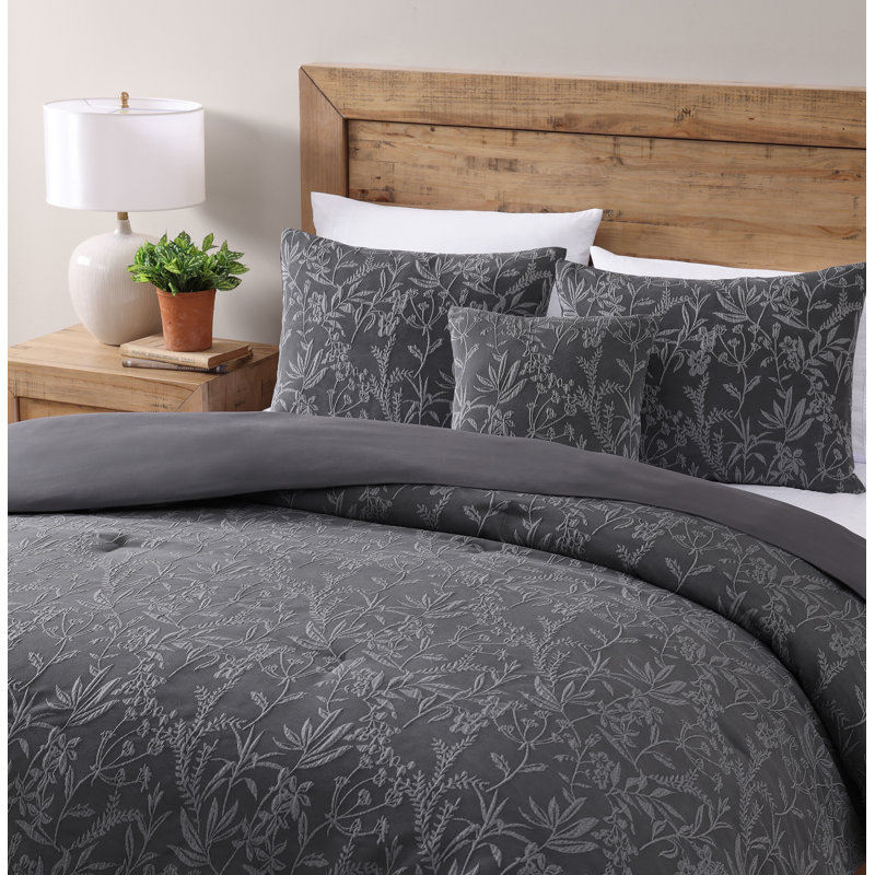Design Studio Botanical Grey 4-Piece Stonewashed Jacquard Comforter Set, Queen Comforter +2 Standard Shams +1 Throw Pillow