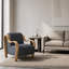 Fauteuil d'appoint Curva Luxe Boucle avec revêtement bleu marine et accoudoirs en bois naturel, fauteuil Mid-Century-1973579590-1979430108