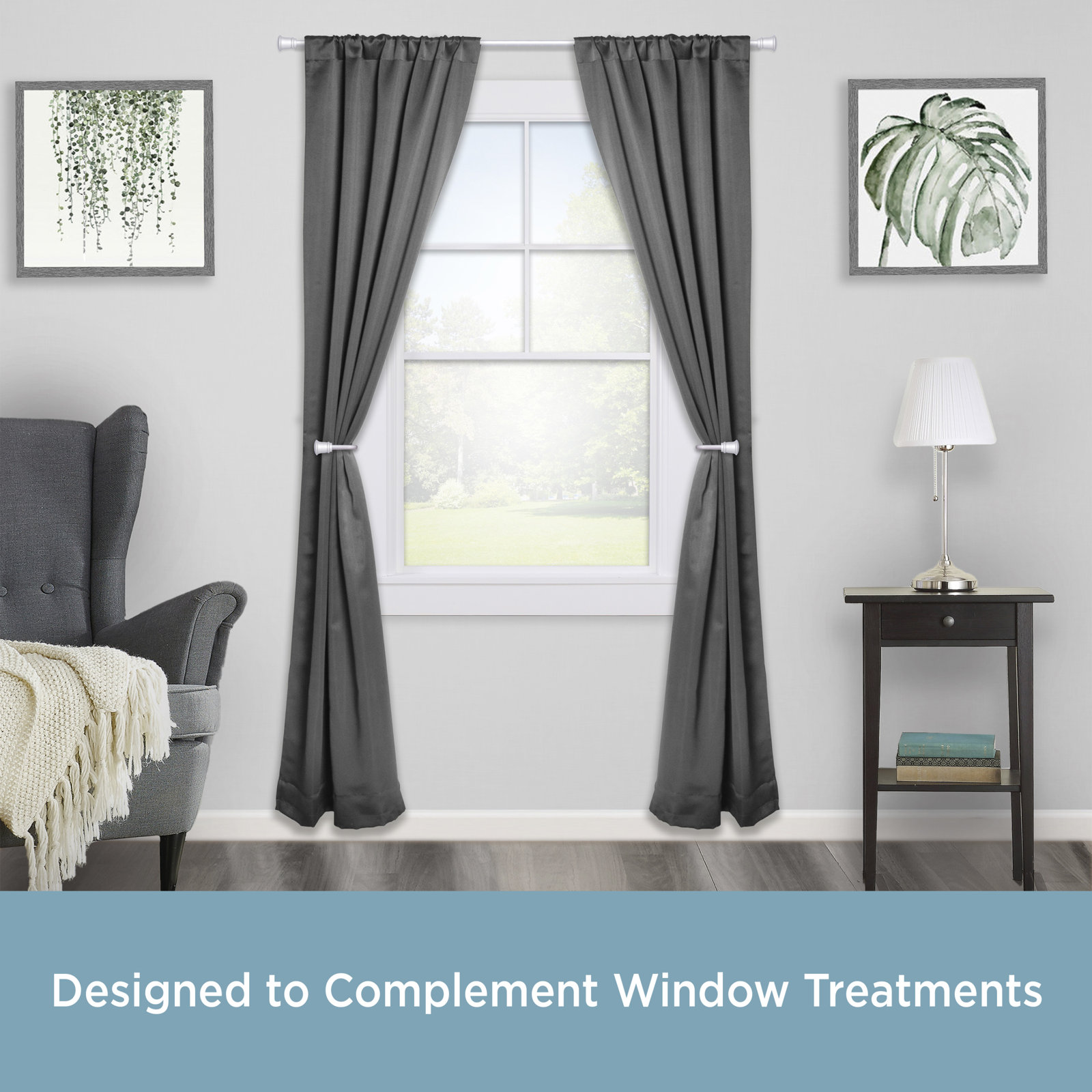 Lowri Trumpet End Curtain Rod & Holdback Set, Adjustable Lengths, 5/8" Dia. Steel Tube, 28" - 48", Satin Nickel