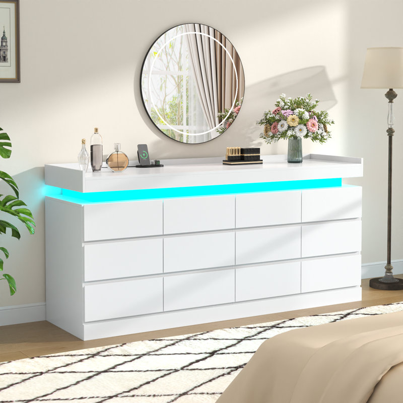 Commode 12 tiroirs pour chambre à coucher avec prise de courant, lumière DEL, Blanc
