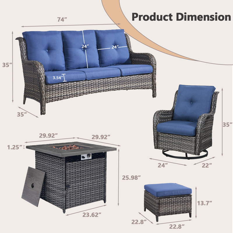 Schutt Wicker Rattan 5 Person Outdoor Seating Group with Fire Pit, Rocking Swivel Chairs, Sofa and Ottomans, Blue, Gray