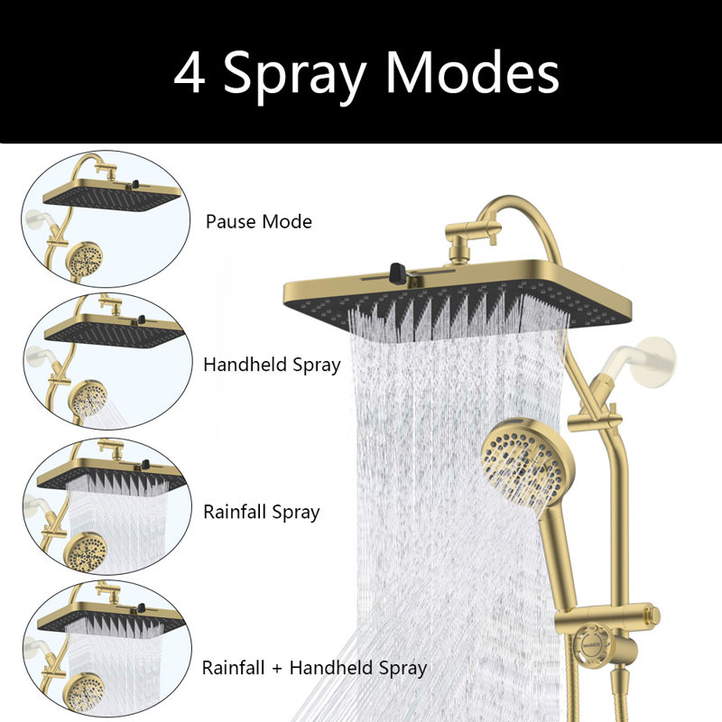 13''High Pressure 5 Spray Rainfall Showerhead, 10 Spray Handheld,71'' Hose & Holder, Brushed Gold