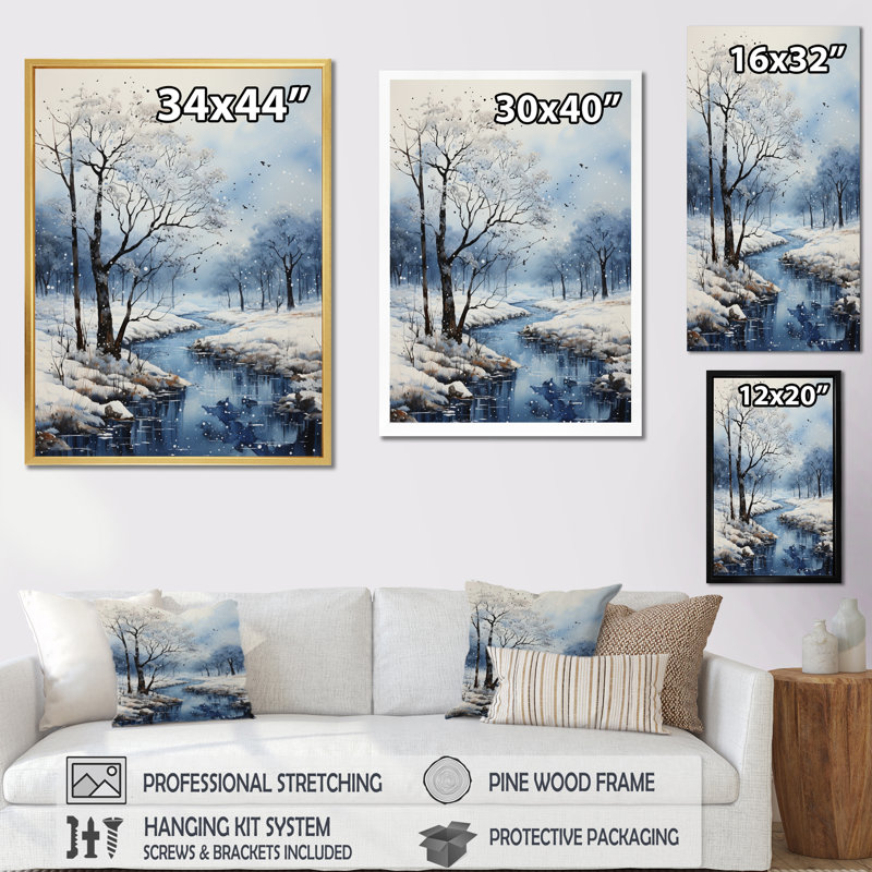 La neige des hivers embrassent le pointillisme II, H 32 po x l 24 po x P 1 po, Cadre photo blanc