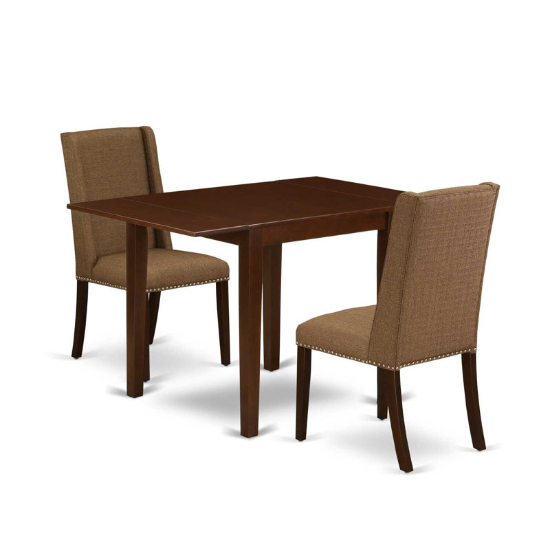 3 Piece Dining Table Set Contains a Rectangle Dining Room Table with Dropleaf and 2 Brown Linen Fabric Upholstered Chairs, Mahogany