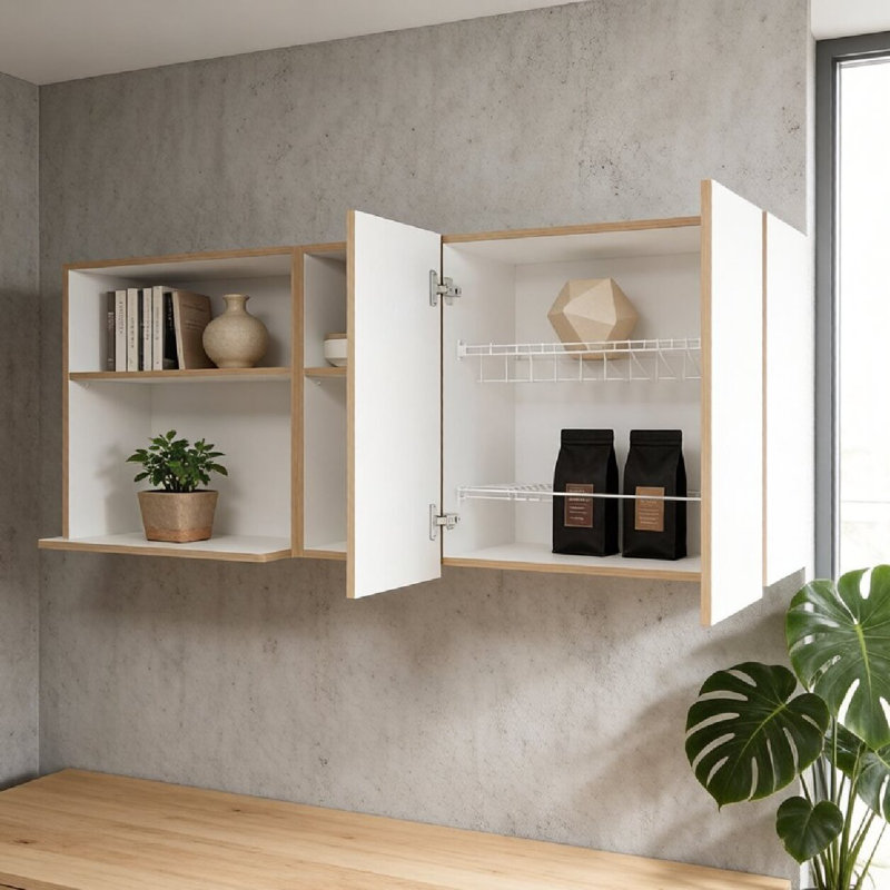 Armoire de cuisine en chêne naturel et blanc avec espace pour micro-ondes et tablette ouverte