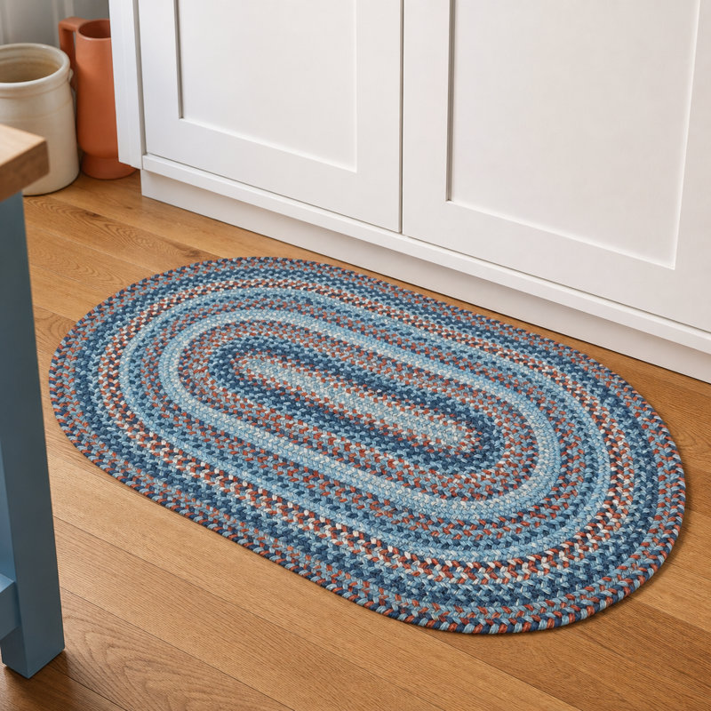 Tapis bleu / rouille en jute tressé Fairhaven, Ovale 20 po x 30 po, Bleu Fairhaven, bleu marine, orange