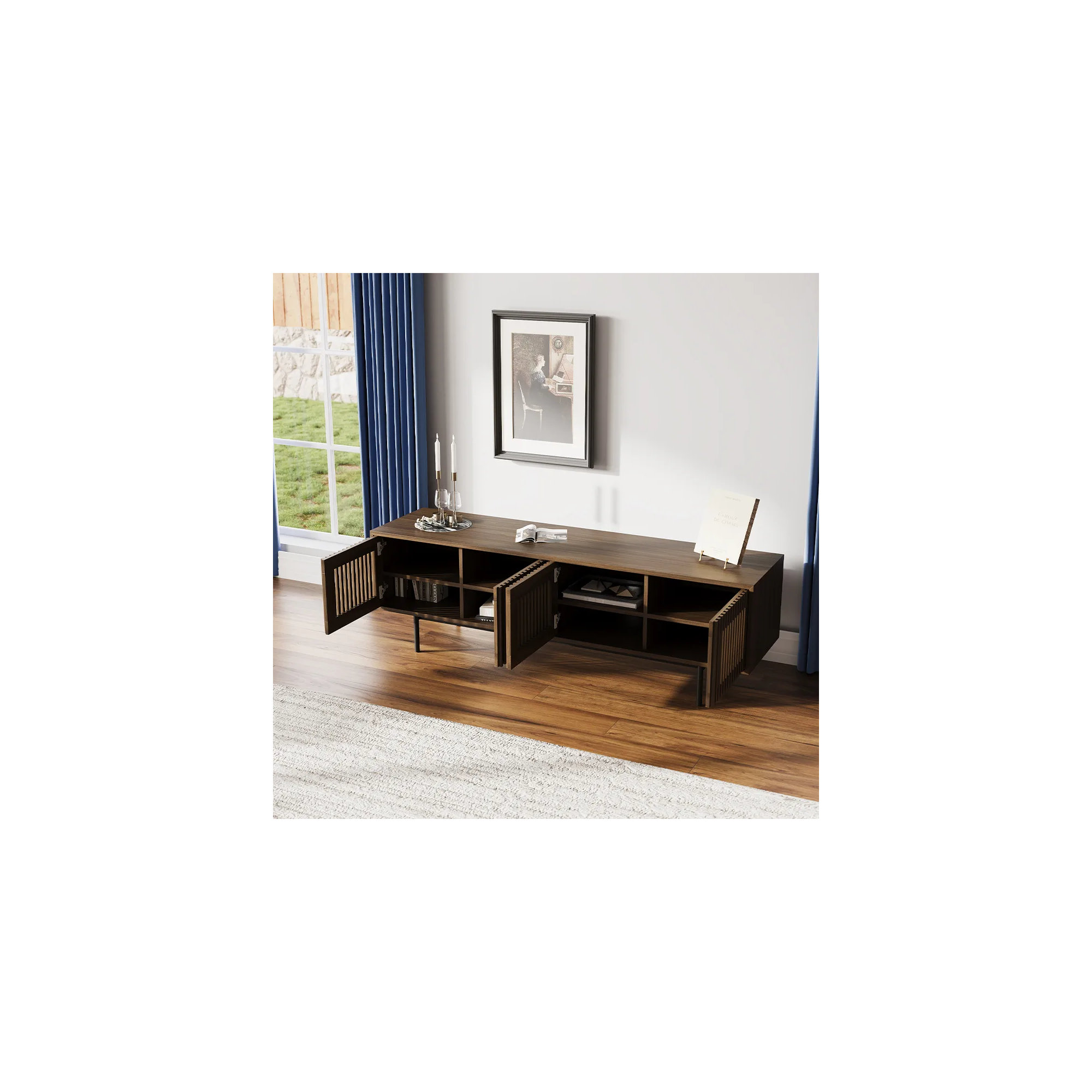 Mid-Century Modern TV Stand, Walnut, 21.26" H x 71" W x 18.89" D