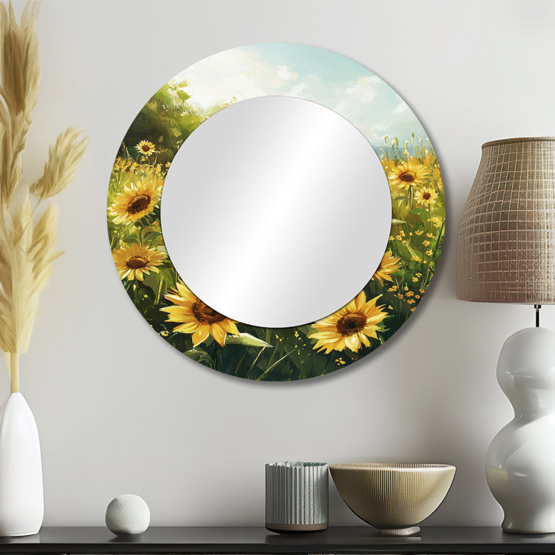 «Yellow Summer Sunflower Meadows» - art mural miroir tournesols - imprimé sur métal, 23 po x 23 po