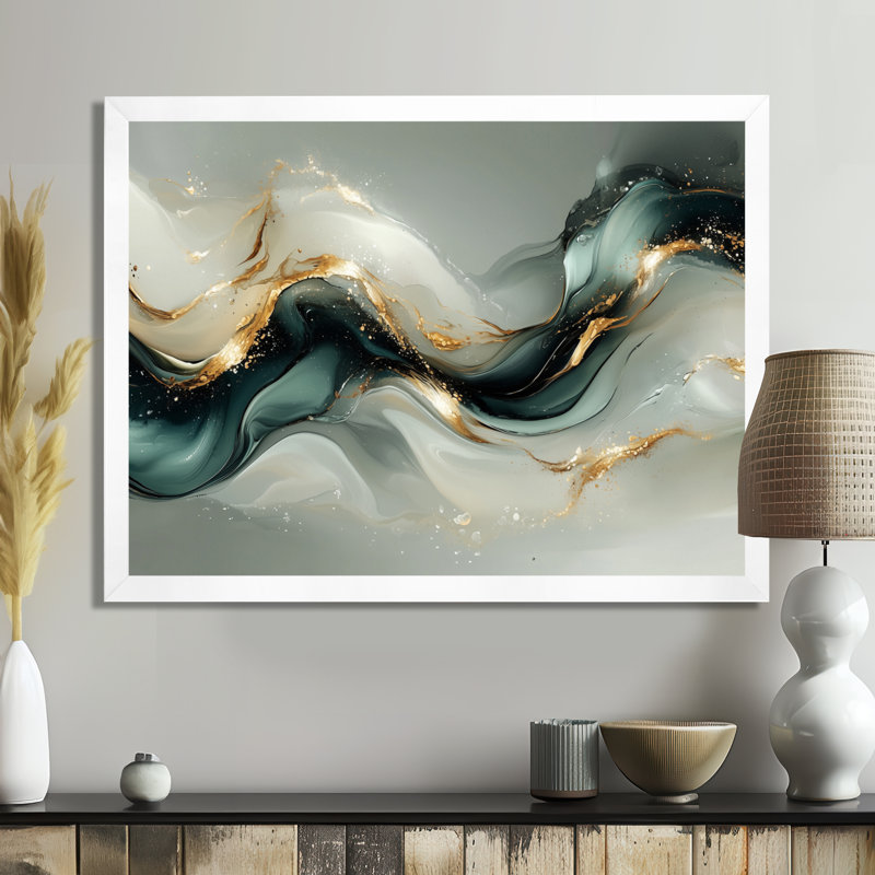 Marbre émeraude fractal, vagues océaniques III - marbre abstrait, art mural, H 24 po x l 32 po, Avec cadre, Blanc