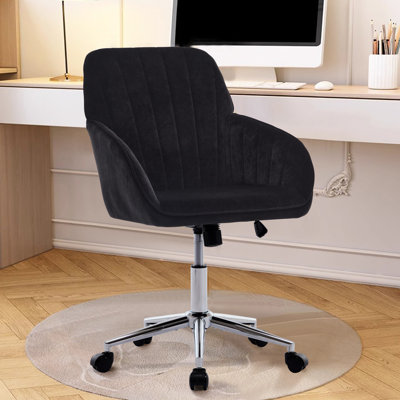 Fauteuil pivotant confortable pour le travail - base en alliage, tissu doux et luxueux, dossier lombaire, rembourrage en velours noir ergonomique et relaxant, réduit la fatigue,