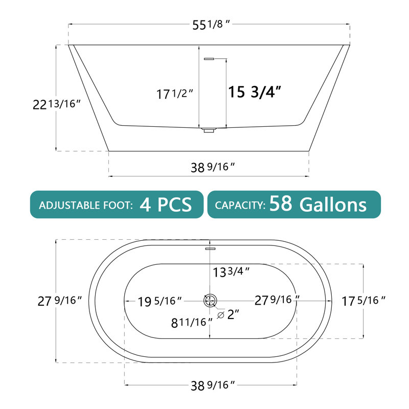 Bathtubs 55'' x 27.5'' Freestanding Soaking Acrylic Bathtub Gloss White Modern Stand Alone Tub