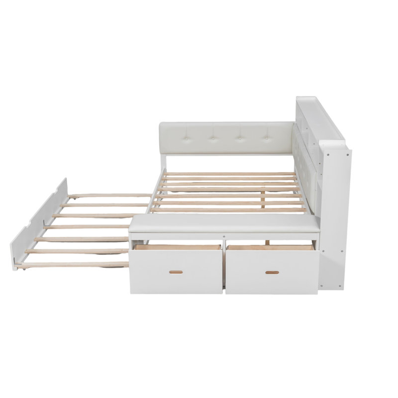 Full Size Wood Daybed with Trundle, Storage Shelves, Bench, USB Charging Station & Upholstered Headboard, White+Cream White Cushion
