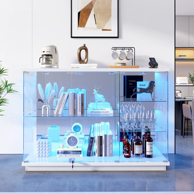 Buffet 47,24 po, buffet moderne en verre trempé transparent, vitrine avec lumières à DEL RVB, port USB, port de type C et capteur de mouvement