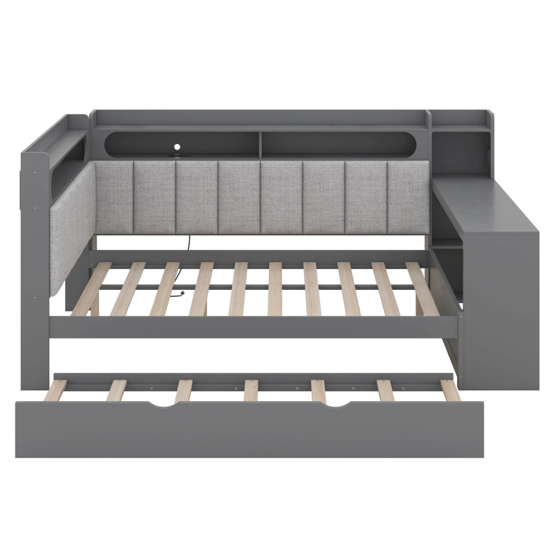 Full Size Daybed With Storage Shelves And Trundle, Charging Station And LED Light, Desk And Upholstered Headboard And Backrest