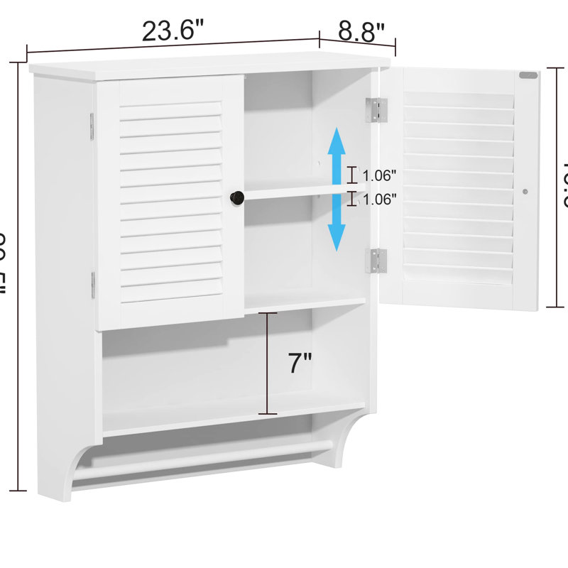 Armoire de salle de bain blanche avec portes à persiennes, tablettes réglables pour les articles quotidiens, tablette ouverte et barre à serviettes, fabriquée dans des conditions humides de haute qualité, tablettes intérieures élégantes de 23,55 po de profondeur, fabriquée en