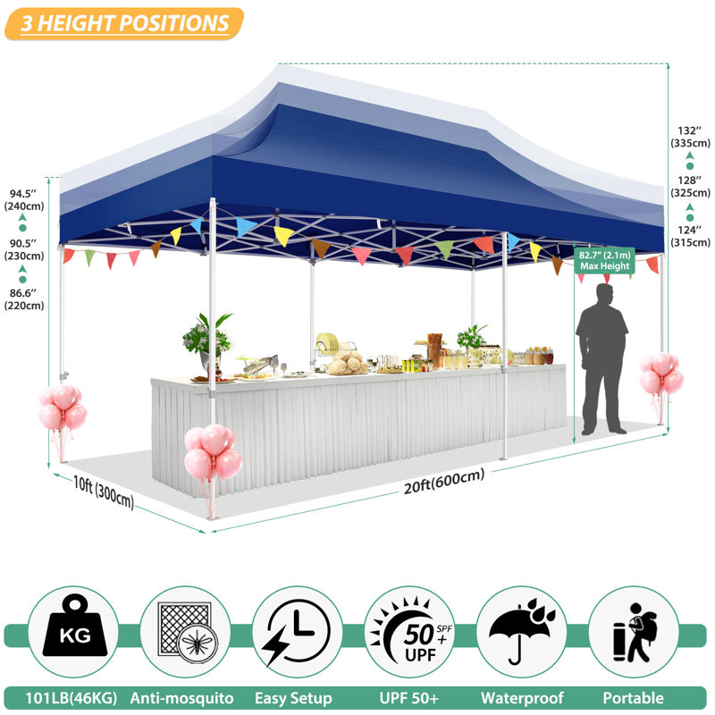 10'x20' Heavy Duty Canopy Tent, Pop up Gazebo with Netting Screened, Dark Blue