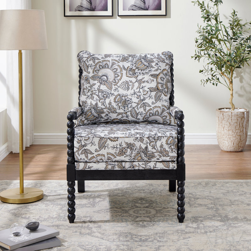 Chaise rembourrée rembourrée avec structure en bois tourné, motif floral