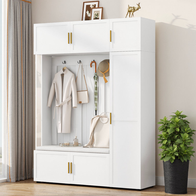 79.72" 4-in-1 Hall Tree with Padded Bench, 4 Hooks & Multi-Tier Storage Shelves, American-Style Entryway Organizer with Shoe Bench, Coat Rack & Open Shelves for Hallway, Mudroom