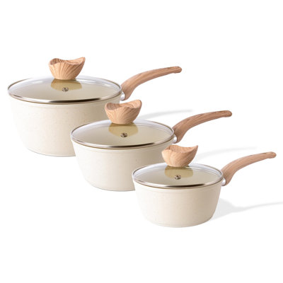 Non-Stick Cookware Set - Induction Cookware With Lid - 3 Cream Granite Pots - 16Cm, 18Cm, 20Cm Pot Set