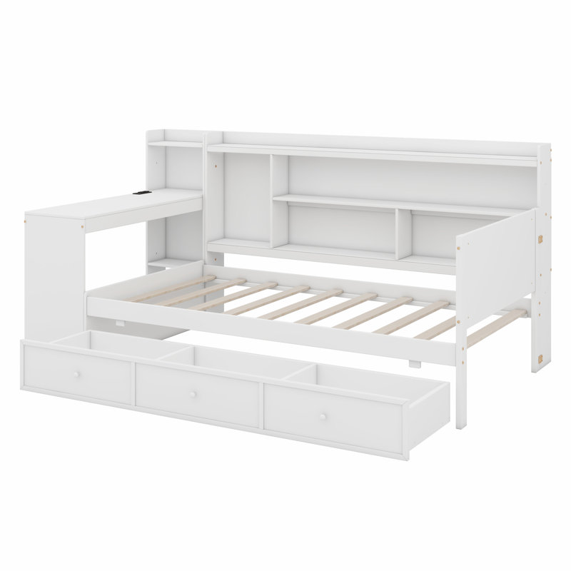 Lit de jour en bois avec tiroirs, ports USB et bureau