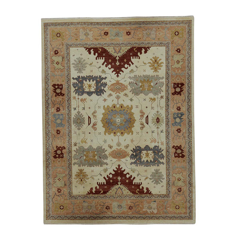 Tapis oriental corail / beige / bleu clair en laine tissé à la main 9 pi 1 po x 12 pi 2 po