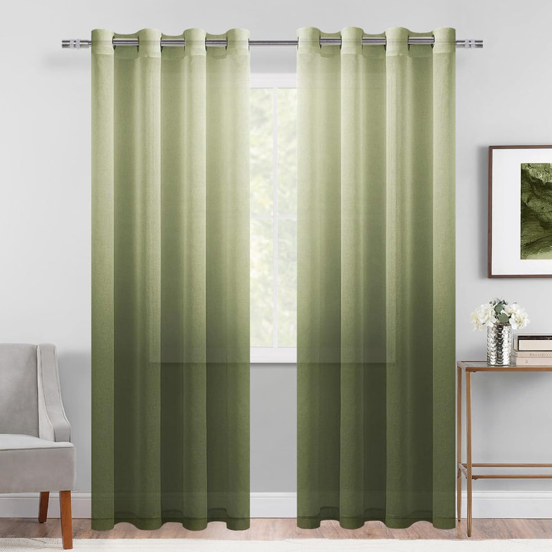 2 Panels Ombre Sheer Curtains - Faux Linen Gradient Semi Voile Grommet Top Drapes for Bedroom and Living Room Decor