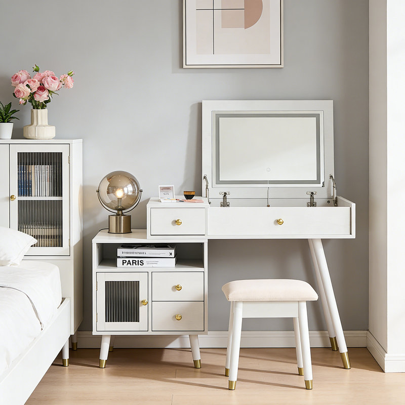 Bureau de coiffeuse polyvalent avec miroir rabattable éclairé et armoire réglable - Coiffeuse 3 en 1
